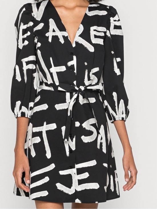Desigual Dresses & Skirts - Desigual Black Graffiti Dress with White Text Letters & Belt V-neck Buttons Puff